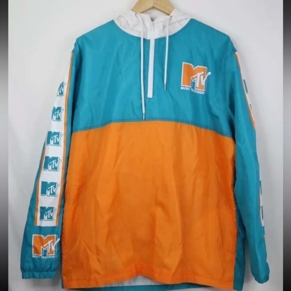 MTV Retro 1/4 Zip Windbreaker Music Television Throwback Jacket w/Hood Sz Sm